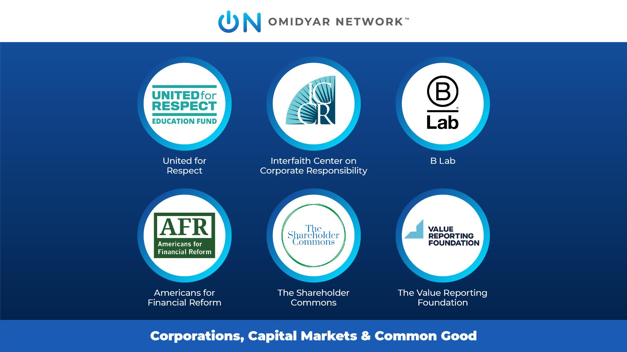 Logos for organizations we are working with, including B Lab, United for Respect, The Interfaith Center on Corporate Responsibility, The Shareholder Commons, Value Reporting Foundation, and Americans for Financial Reform.