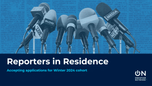 A series of microphones representing media outlets above an invitation to apply to become a Reporter in Residence with Omidyar Network