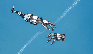 Two robot hands reaching each other with blue background