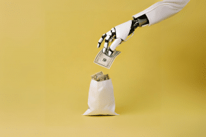 Robot hand holding money and a bag of cash, yellow background