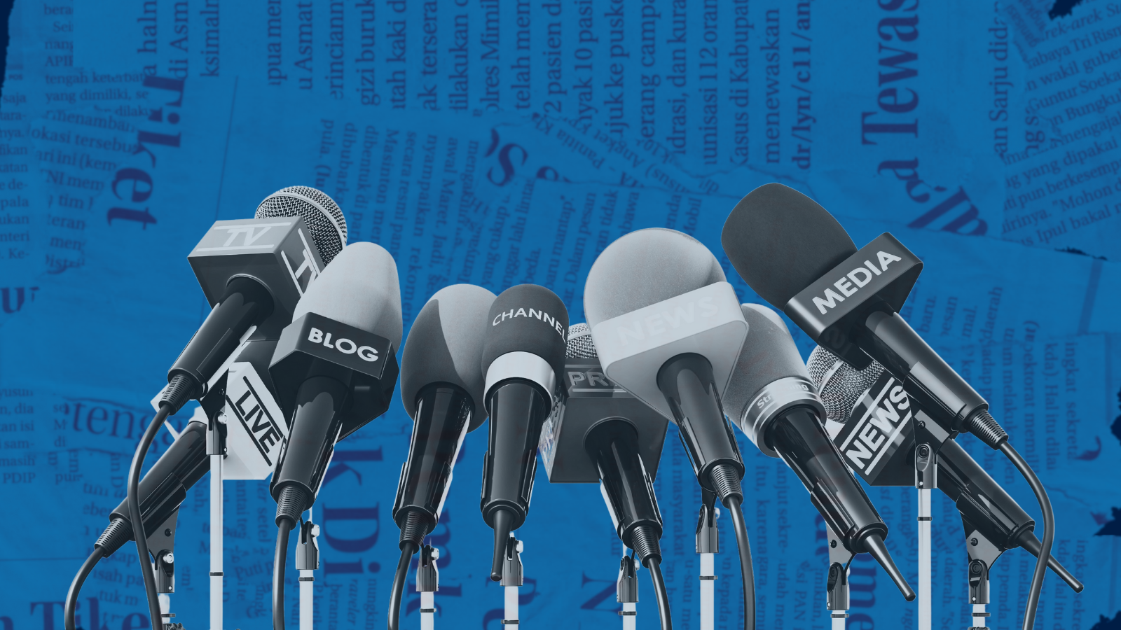 Blue background with newspaper clippings and black and white image of microphones