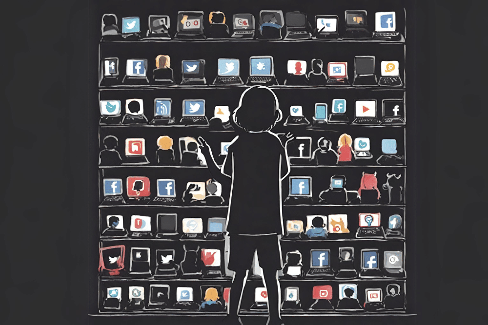 Illustration of a child standing in front of screens and social media