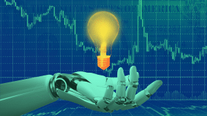 Image of a robot holding a light bulb in front of a stock dashboard