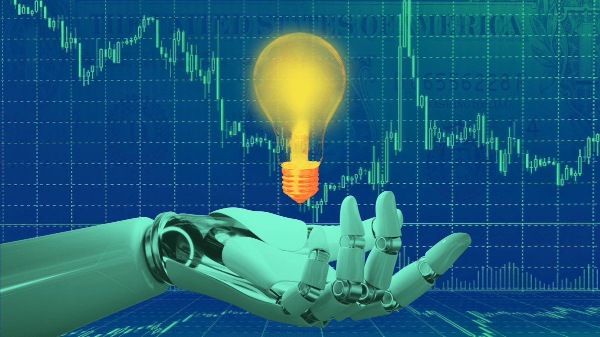 Image of a robot holding a light bulb in front of a stock dashboard