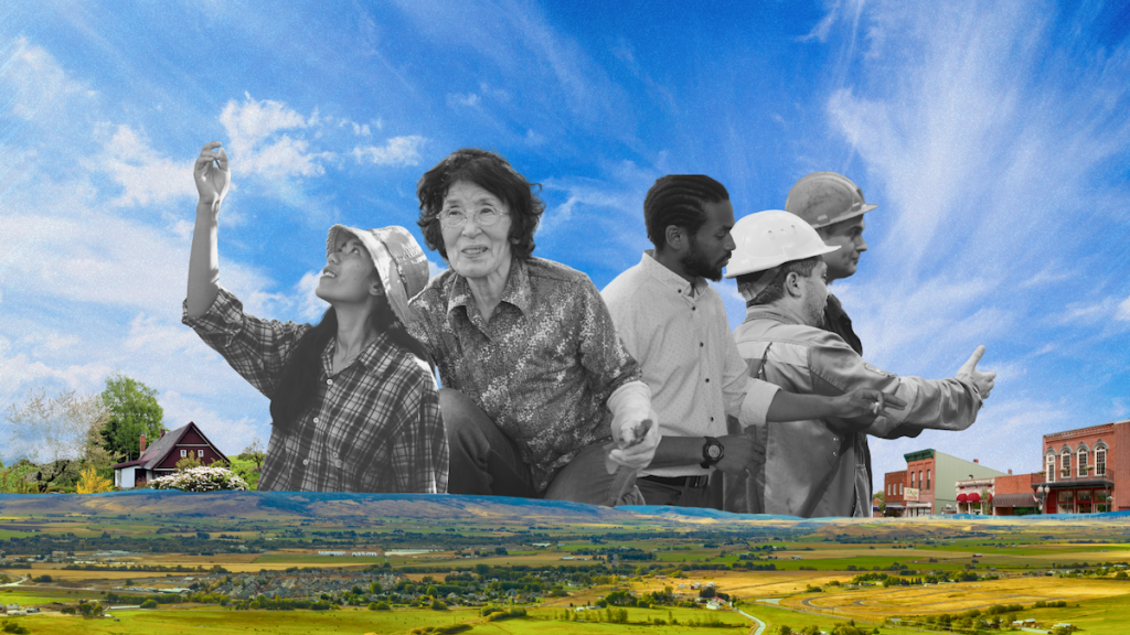 Collage of different people above rural landscape
