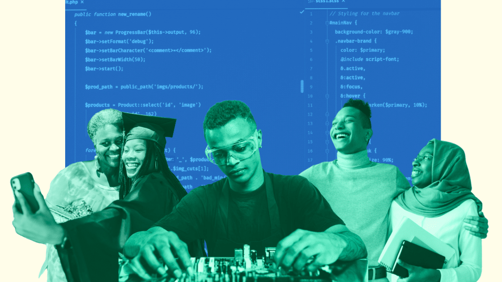 Collage of Black students in front of a background with code