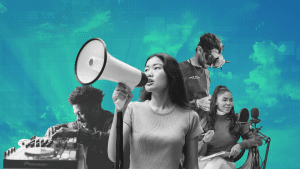 Collage of people using technology and one person holding megaphone