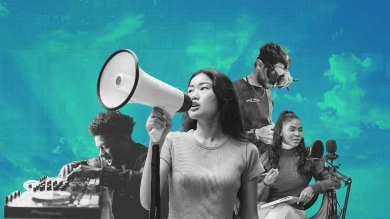 Collage of people using technology and one person holding megaphone