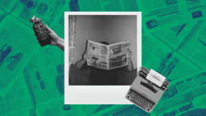 Collage of newspaper, typewriter, and recording device