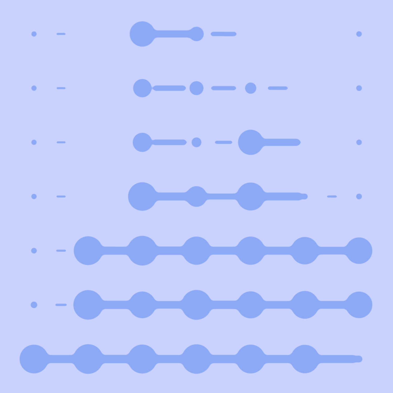 Rows of horizontal lines with circles of varying sizes and spacing on a light purple background.