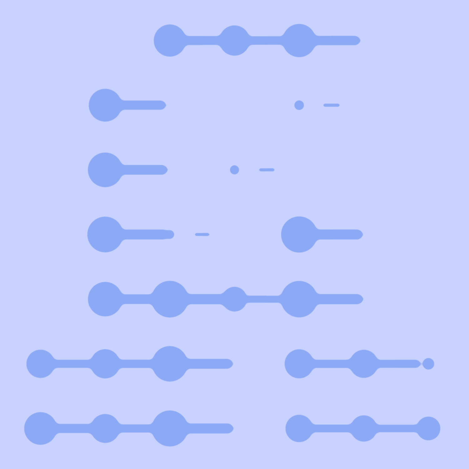 Abstract blue shapes and lines on a light blue background, arranged in rows of varying lengths and sizes.
