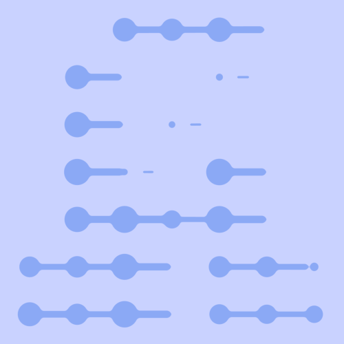 Abstract blue shapes and lines on a light blue background, arranged in rows of varying lengths and sizes.
