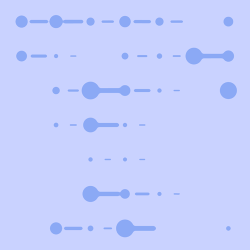 Abstract pattern by Austin Brown featuring different-sized blue circles and lines arranged in rows on a light blue background.