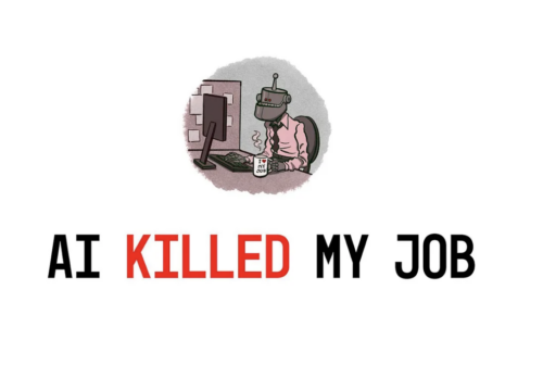 A sad robot at a desk with AI KILLED MY JOB in bold text; KILLED is highlighted in red, reflecting the struggles explored in modern Tech Journalism.